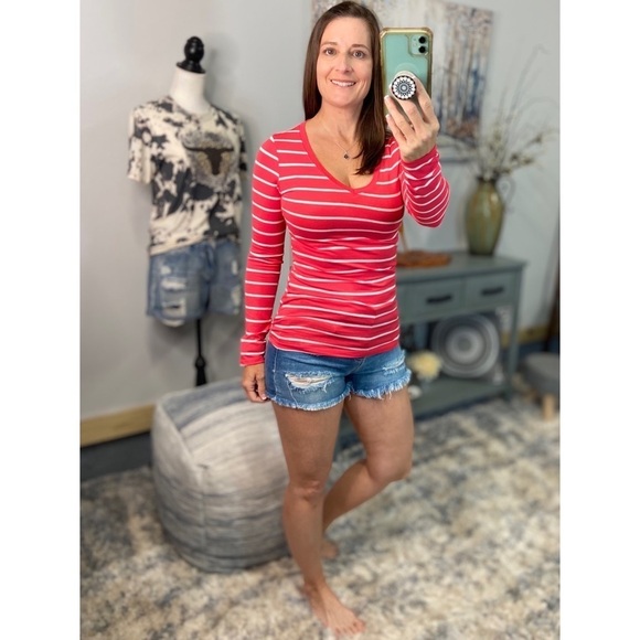 Nautical Striped Preppy Stretch V Neck Long Sleeve Shirt Bright Coral White 1922 - Picture 1 of 5